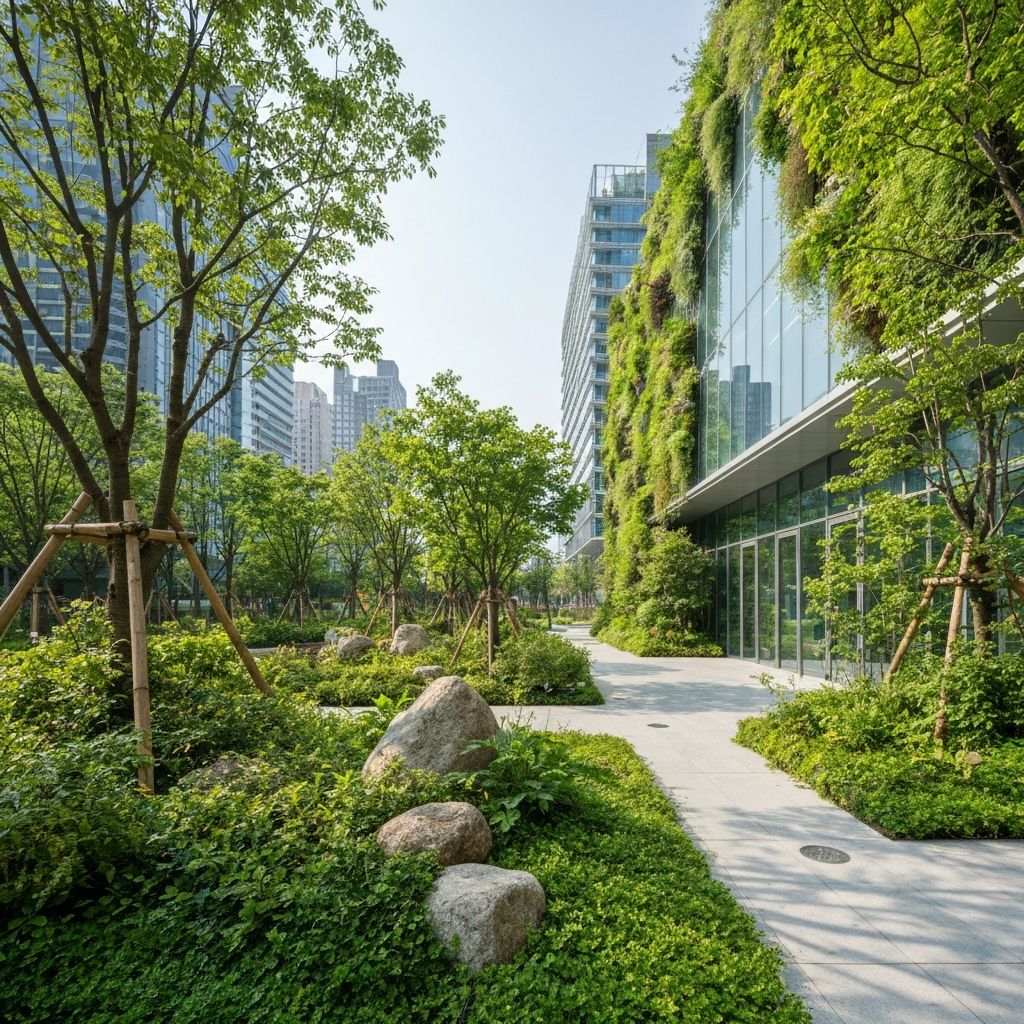 Clean modern green urban space with plants and natural elements
